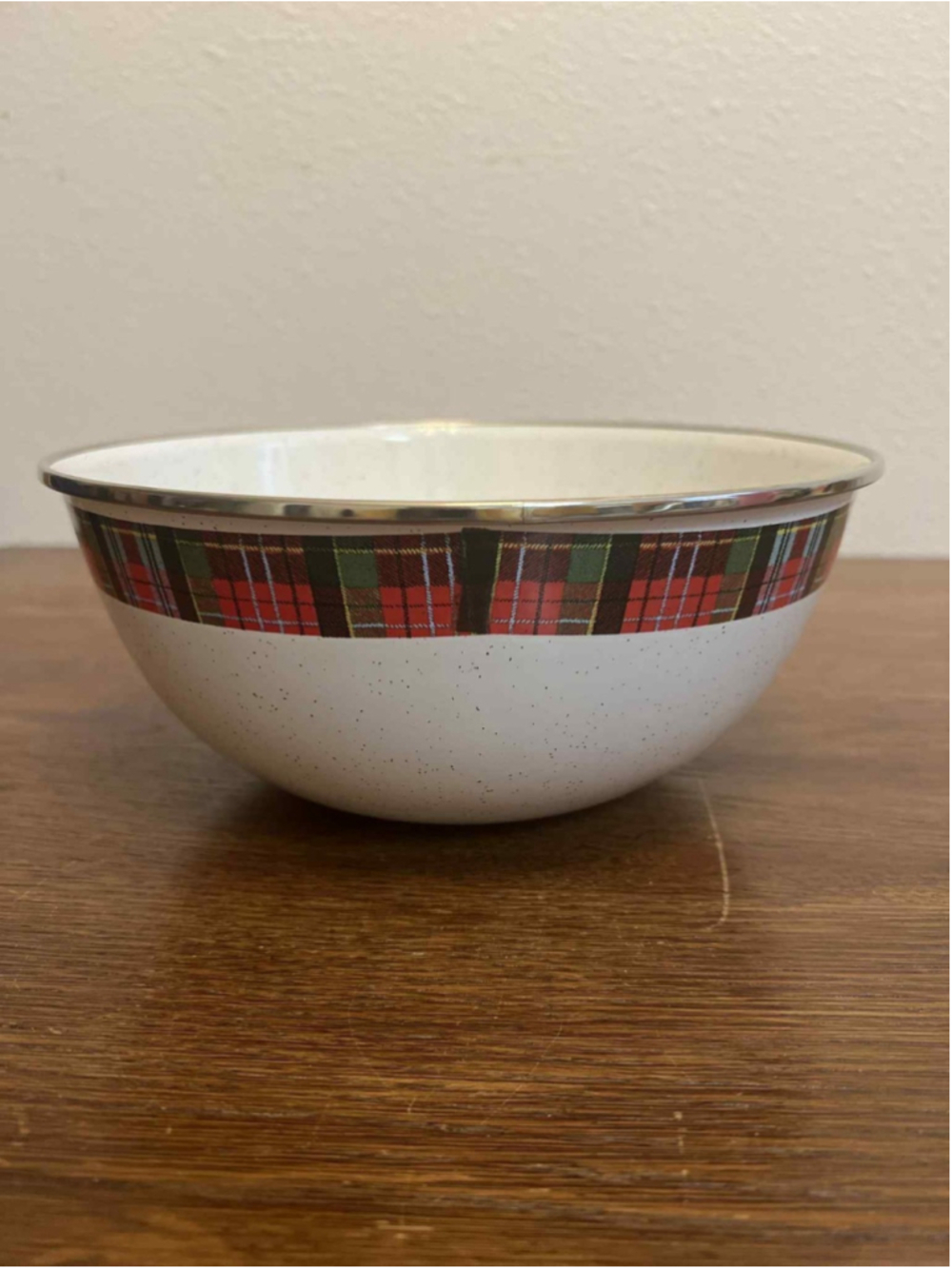 Hallmark Christmas Bowl Santa Plaid Border 9” Holiday Metal Enamel Bowl Vintage
